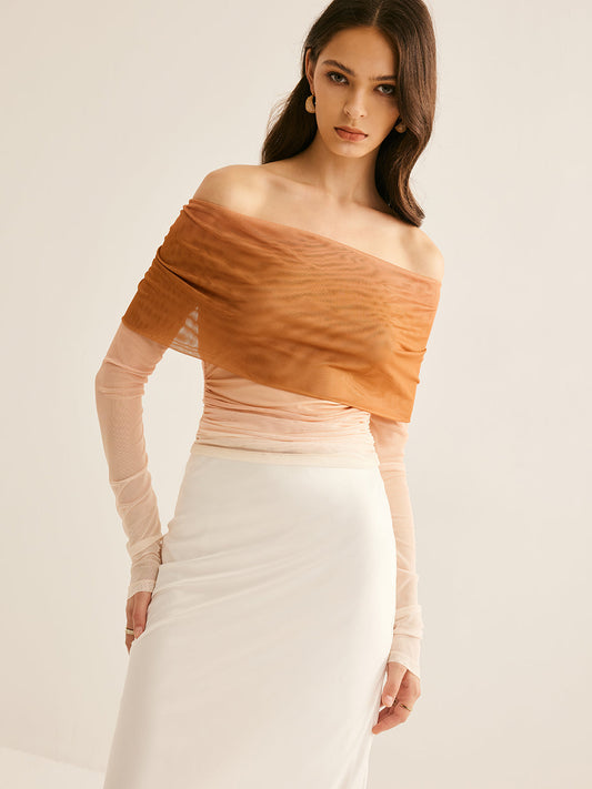 Fudus | Semi Sheer Schulterfrei Mesh Gradient Bluse