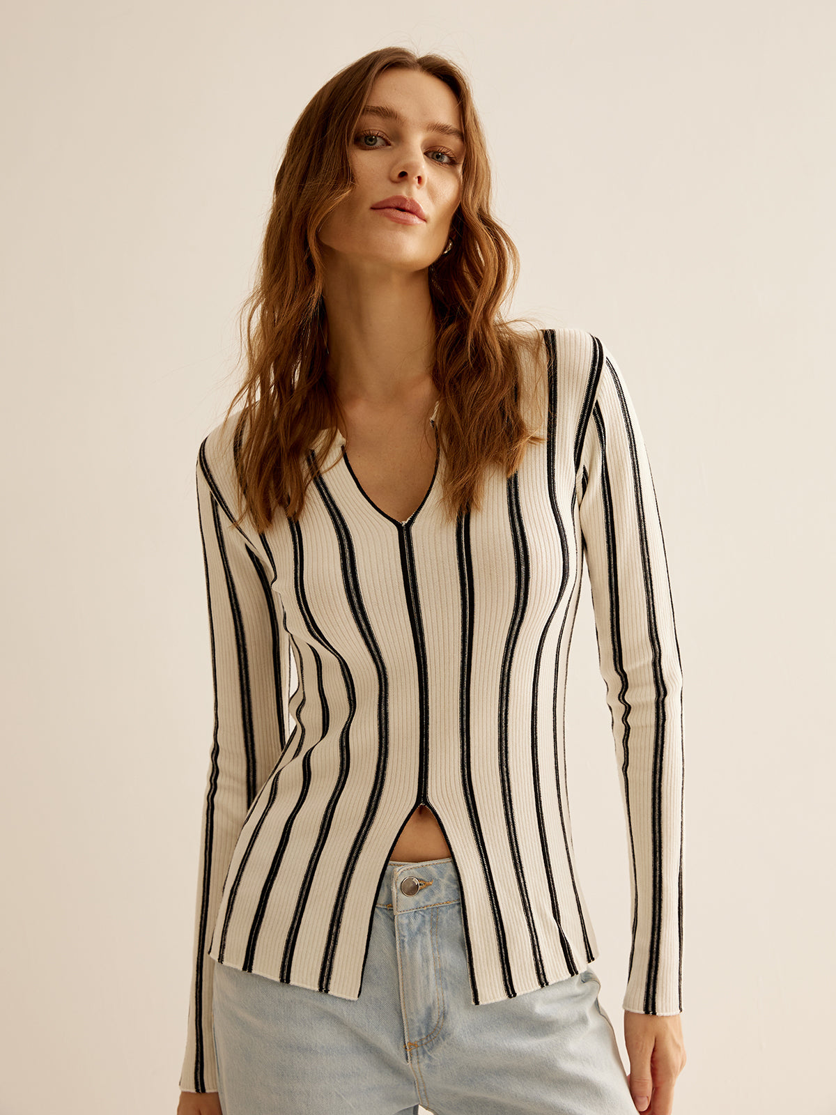Fudus | Split Pinstripe Slim Knit Top