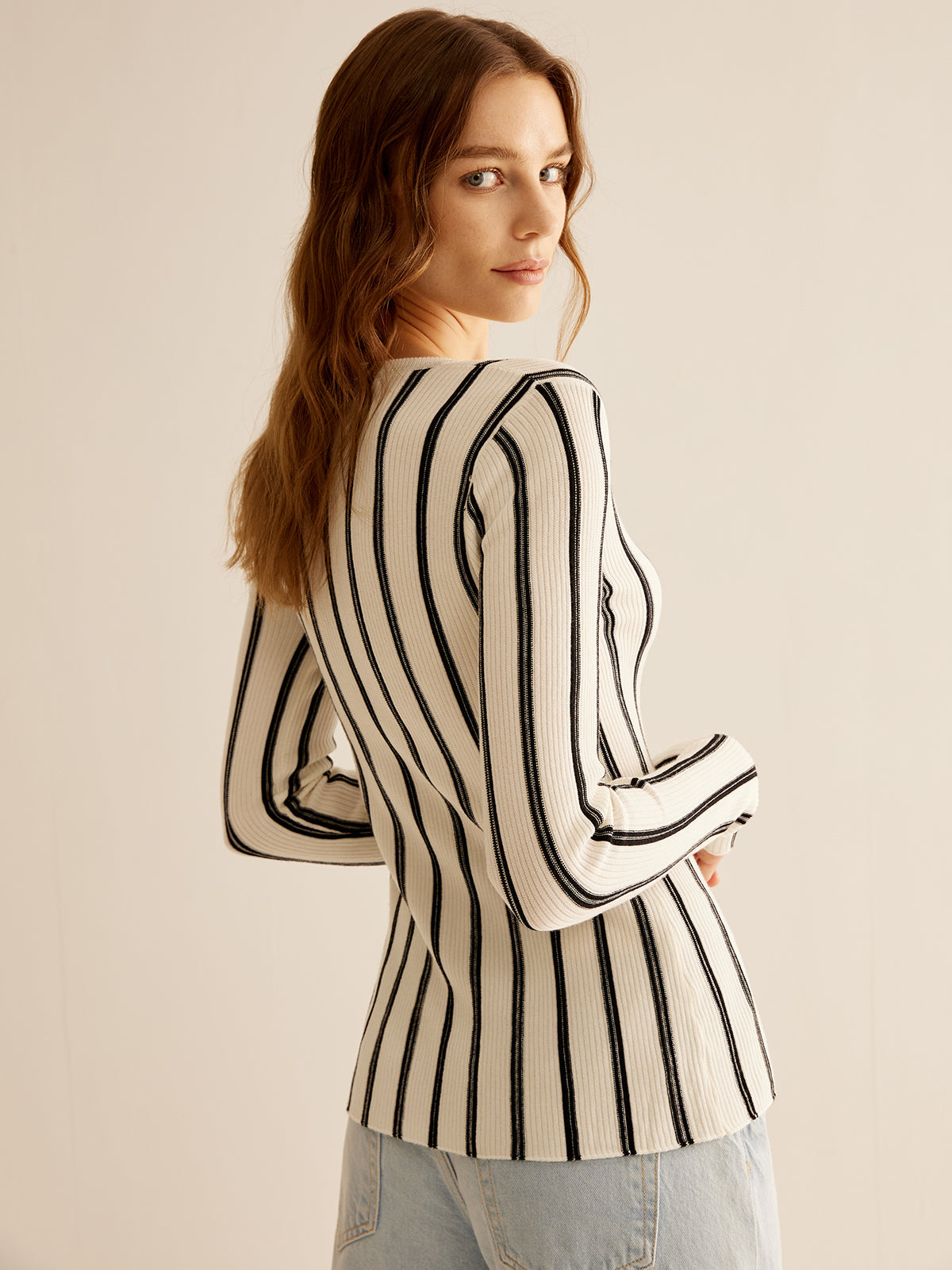Fudus | Split Pinstripe Slim Knit Top