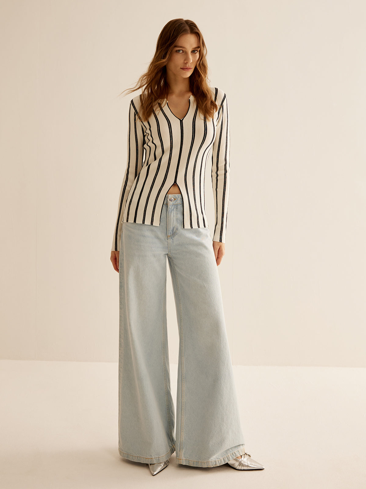 Fudus | Split Pinstripe Slim Knit Top