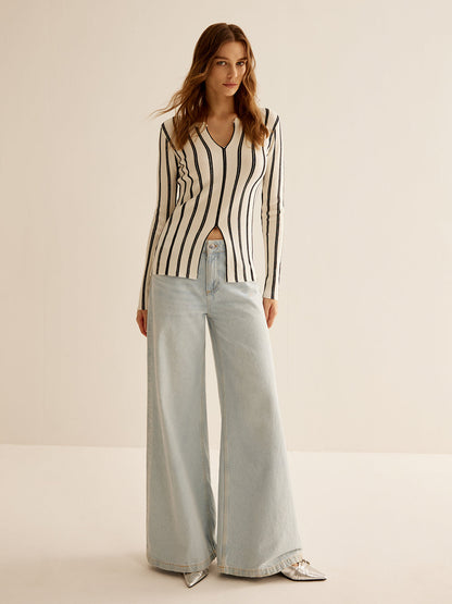 Fudus | Split Pinstripe Slim Knit Top