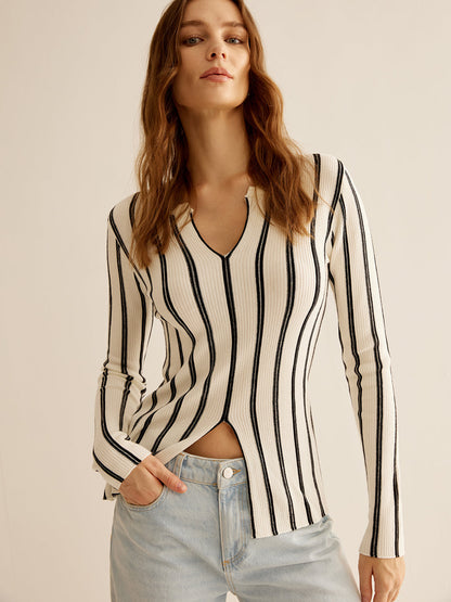 Fudus | Split Pinstripe Slim Knit Top