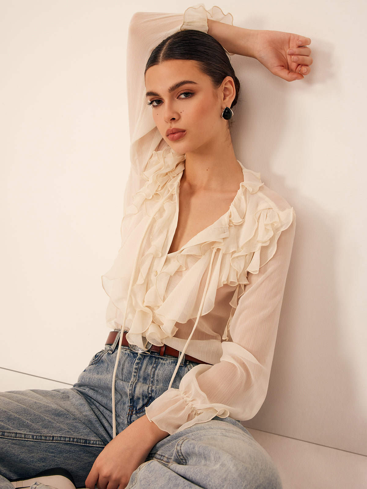 Fudus | Semi Sheer Rüsch Chiffon Blusenbluse