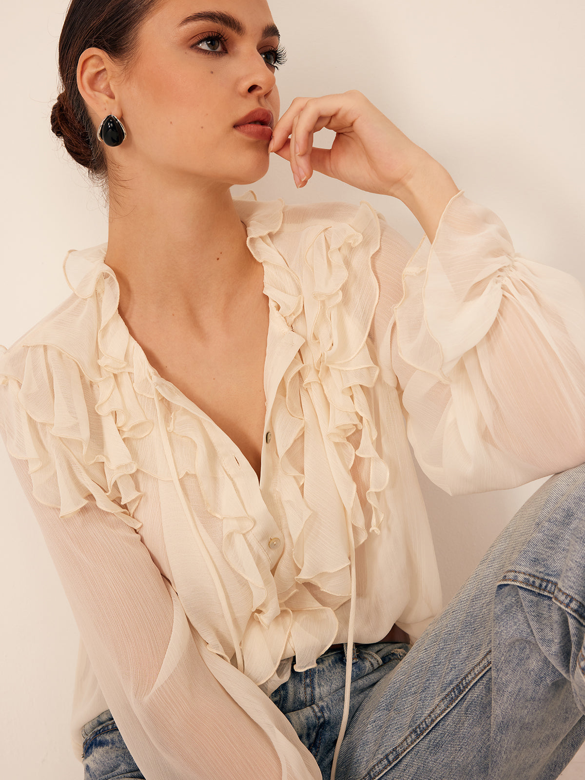 Fudus | Semi Sheer Rüsch Chiffon Blusenbluse