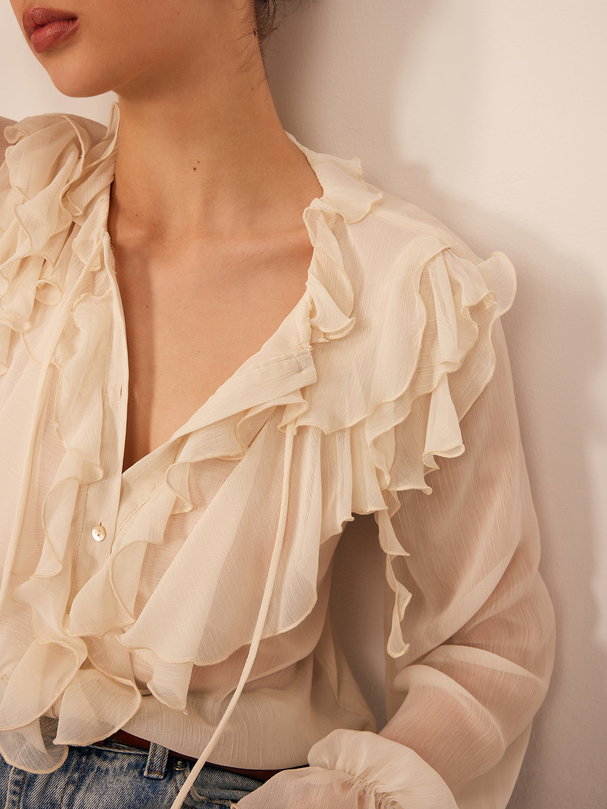 Fudus | Semi Sheer Rüsch Chiffon Blusenbluse