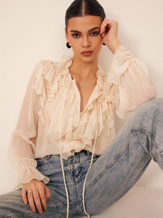 Fudus | Semi Sheer Rüsch Chiffon Blusenbluse