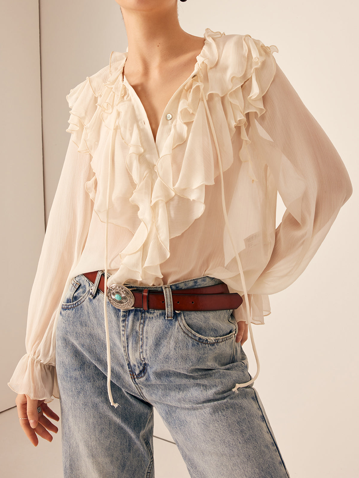 Fudus | Semi Sheer Rüsch Chiffon Blusenbluse