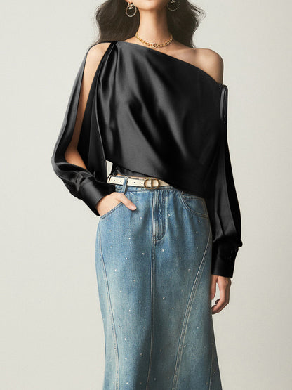 Fudus | Satin Asymmetrische Kalt Schulter Gebundene Bluse