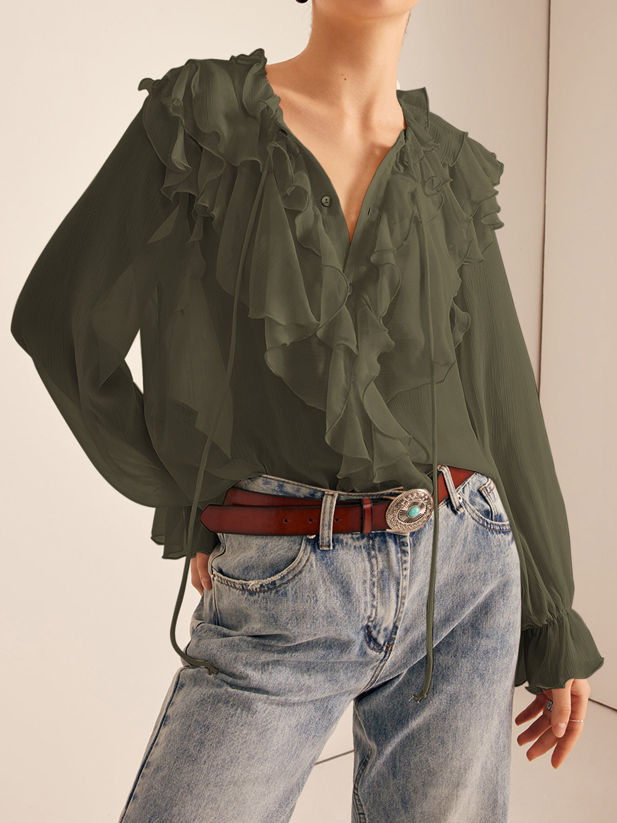 Fudus | Semi Sheer Rüsch Chiffon Blusenbluse