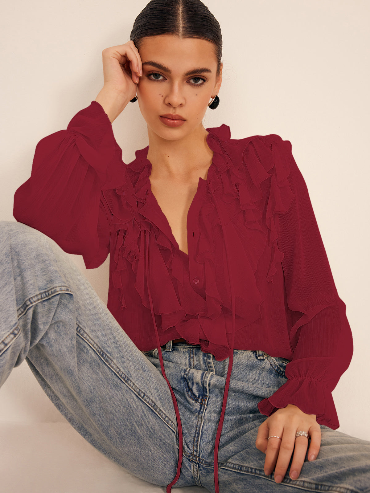 Fudus | Semi Sheer Rüsch Chiffon Blusenbluse