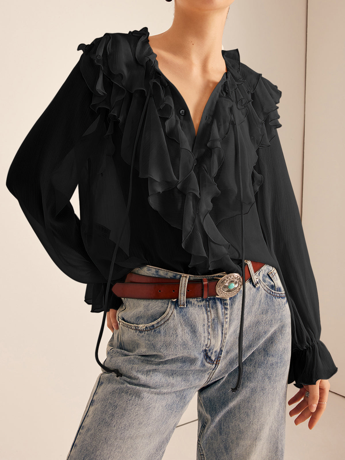 Fudus | Semi Sheer Rüsch Chiffon Blusenbluse