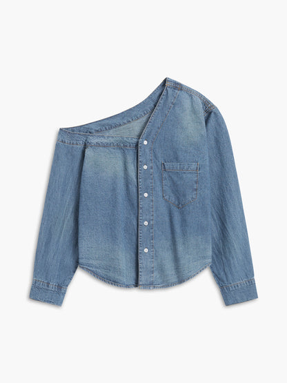 Fudus | Asymmetrische Kragen Denim Crop Hemd