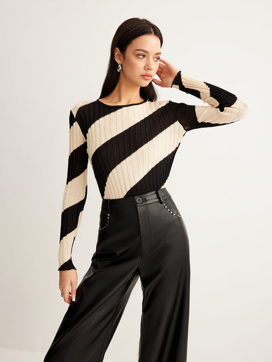 Fudus | Asymmetrisches Gestreiftes Slim Knit Oberteil