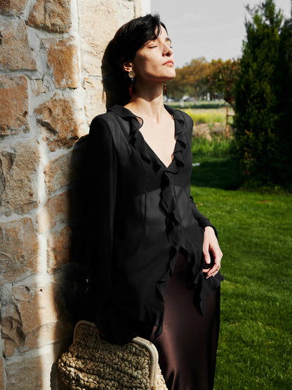 Fudus | Semi Sheer Rüsch Spalt Dünne Bluse
