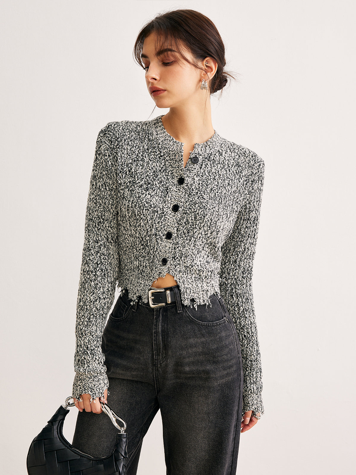 Fudus | Raw Hem Button Slim Knit Top