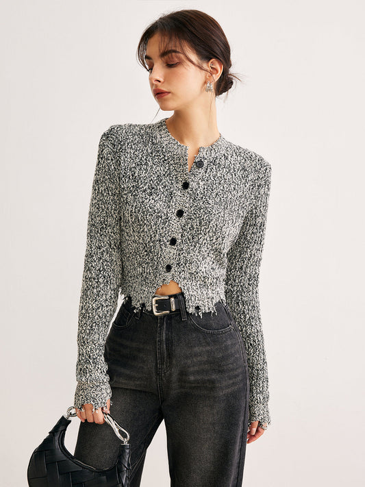 Fudus | Raw Hem Button Slim Knit Top