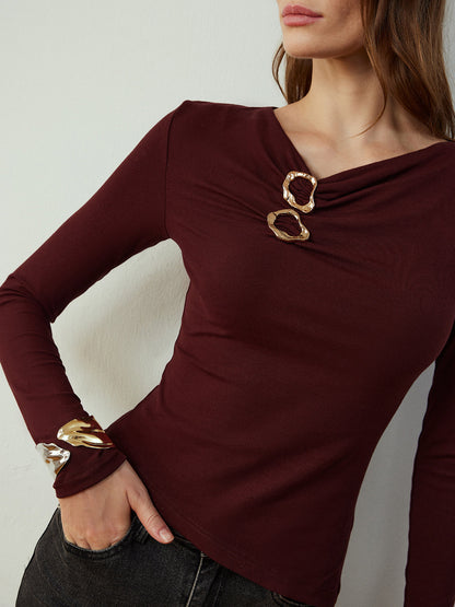 Fudus | Rundhalsausschnitt Metal Dekor Slim T-hemd