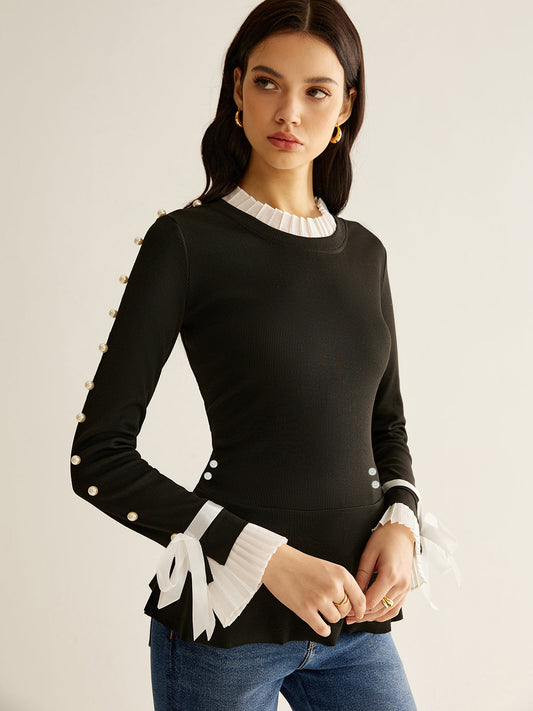 Fudus | Perlen Dekor Paneel Plissee Bluse