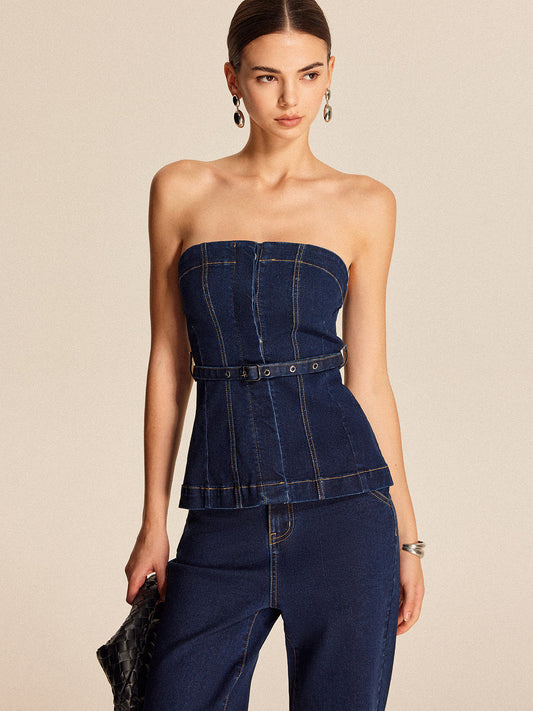 Fudus | Denim Trägerloses Top Mit Gürtel