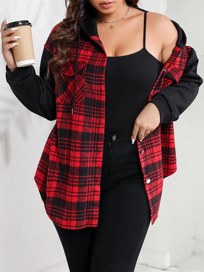 Shialyn | Women's Plus Plaid Print Raglan Ärmel Button Up Drawstring Hooded Jacket