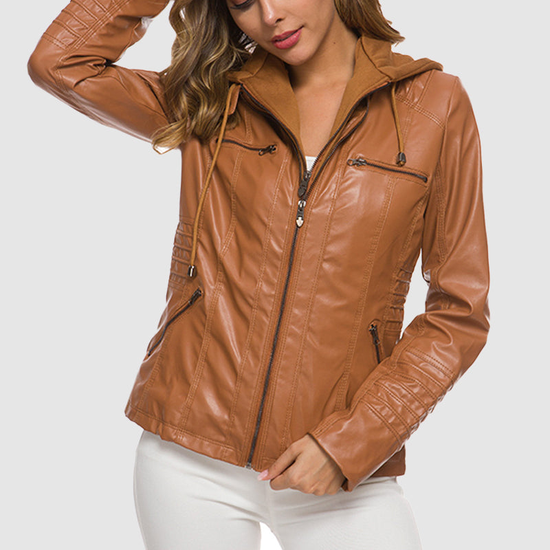 Reilena | Elegante Lederjacke mit Kapuze und warmem Futter – Stilvolles Design und Gemütlichkeit in Einem