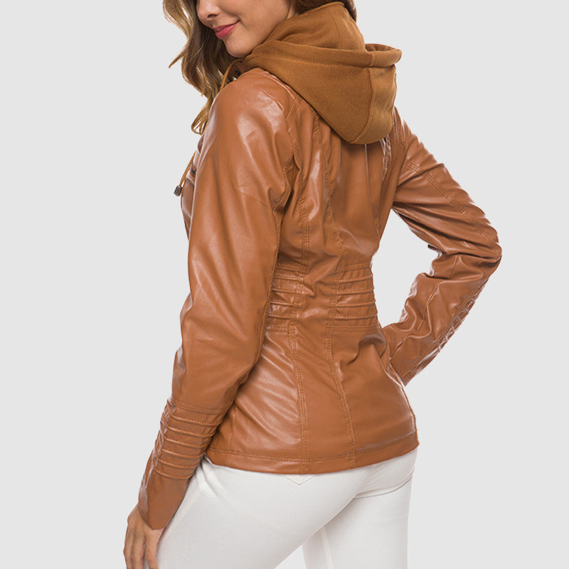 Reilena | Elegante Lederjacke mit Kapuze und warmem Futter – Stilvolles Design und Gemütlichkeit in Einem
