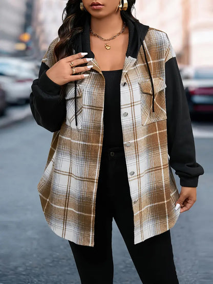Shialyn | Women's Plus Plaid Print Raglan Ärmel Button Up Drawstring Hooded Jacket