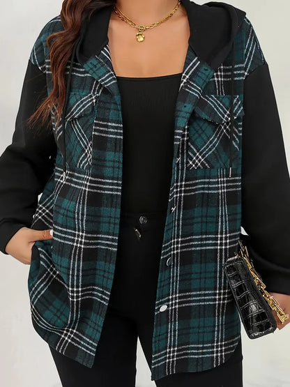 Shialyn | Women's Plus Plaid Print Raglan Ärmel Button Up Drawstring Hooded Jacket