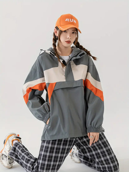 Keyvria | Color Blocked Hooded Drawstring Jacket, lässige Jacke mit Reißverschlusstasche