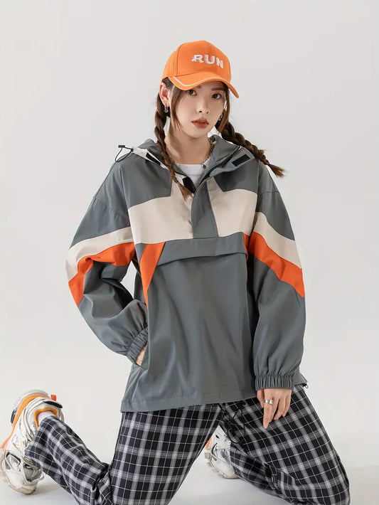 Keyvria | Color Blocked Hooded Drawstring Jacket, lässige Jacke mit Reißverschlusstasche