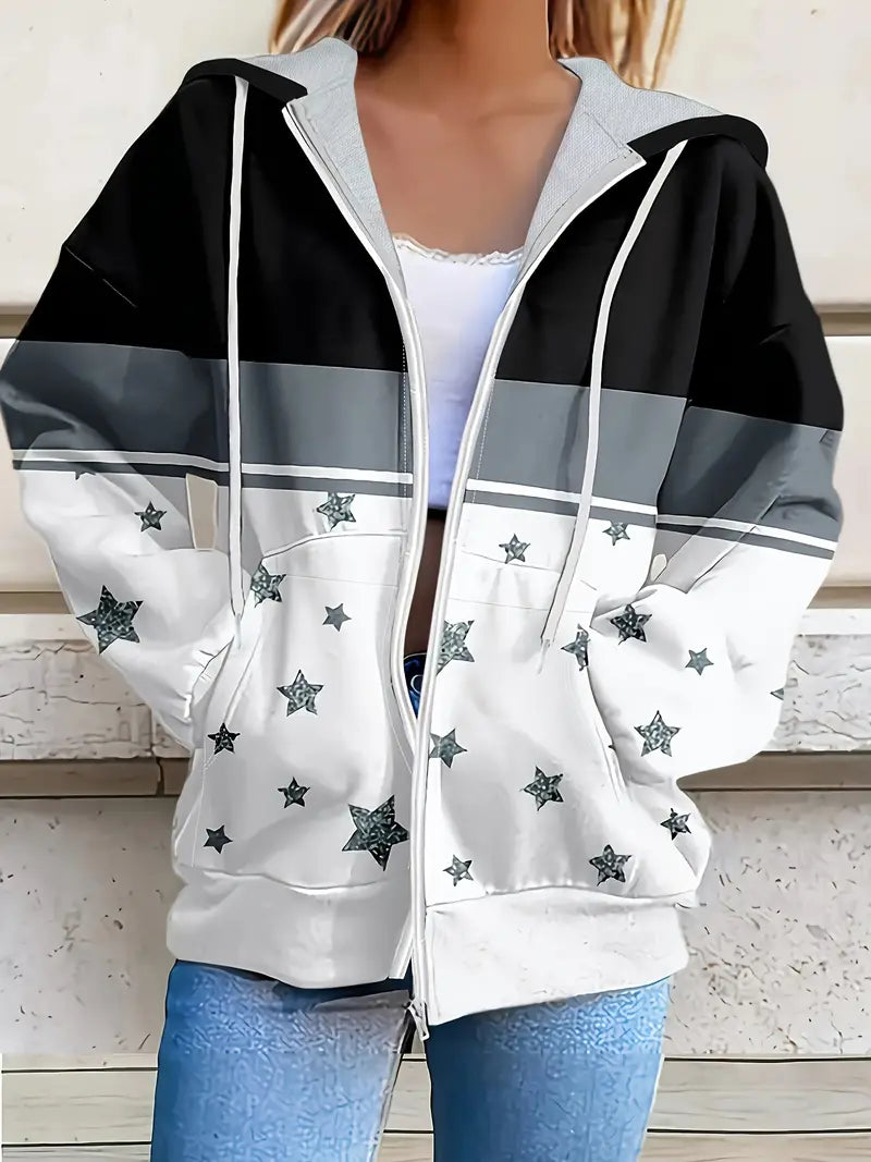 Clitraya | Plus Size Star Muster Zipper Mantel – Lässig mit Taschen, lange Ärmel