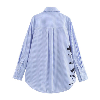 Fudus | Stilvolles Floral Print Streifen Langarmshirt Top