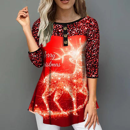 Fudus | Festliches Weihnachtsdruck Lockere Rundhals Tee