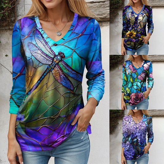 Fudus | Chic Print V-Ausschnitt Lockeres T-Shirt