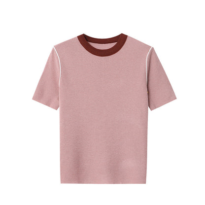 Fudus | Retro Kontrastfarbe Rundhals Gestricktes Kurzarm-top