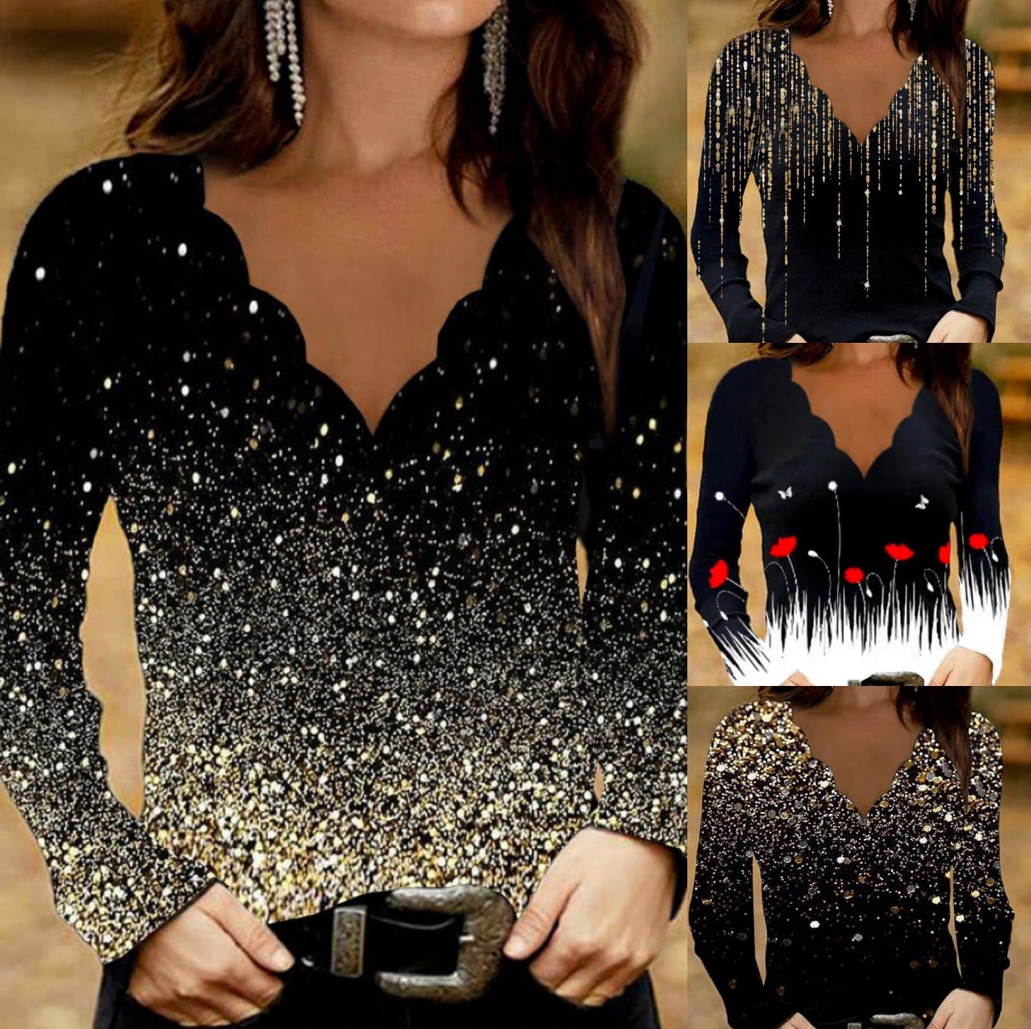 Fudus | Trendiger Print Welle V-Hals Langarmshirt
