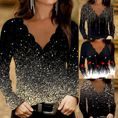 Fudus | Trendiger Print Welle V-Hals Langarmshirt
