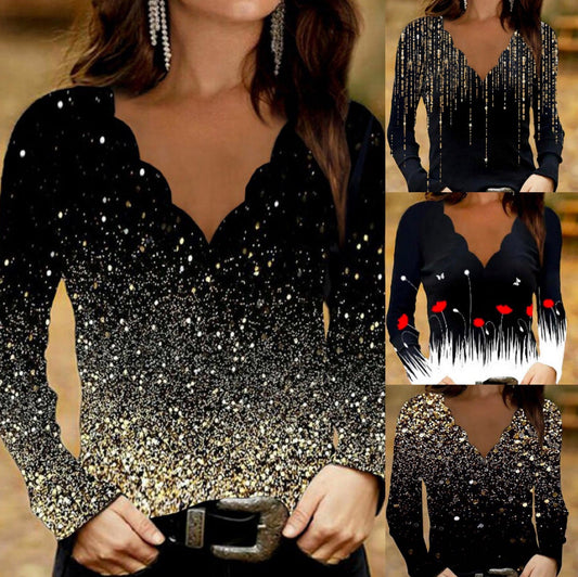 Fudus | Trendiger Print Welle V-Hals Langarmshirt