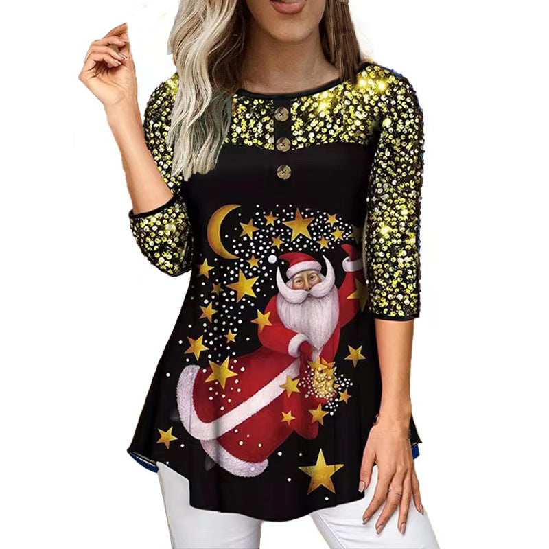 Fudus | Festliches Weihnachtsdruck Lockere Rundhals Tee