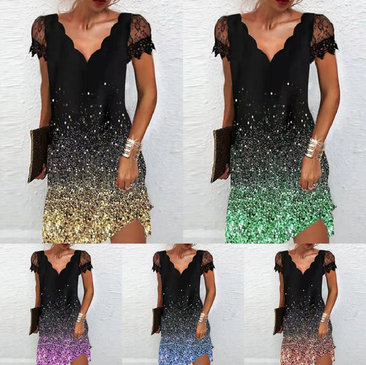Fudus | Modern Wavy V-Ausschnitt Spitzenkurzes Kleid