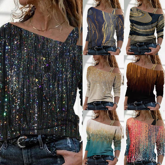 Fudus | Trendiger Marmorprint Off-Shoulder T-Shirt mit mittellangen Ärmeln