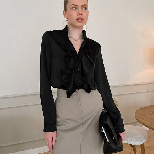 Fudus | Elegantes Damen Schwarz Satin Langarmhemd Mit Stehkragen