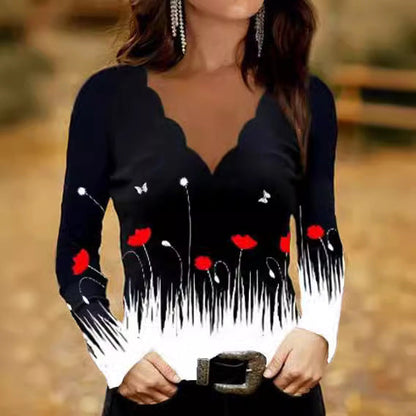 Fudus | Trendiger Print Welle V-Hals Langarmshirt