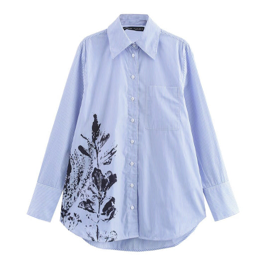 Fudus | Stilvolles Floral Print Streifen Langarmshirt Top
