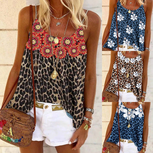 Fudus | Trendige Beliebte Blumen Leoparddruck Spaghetti-Top
