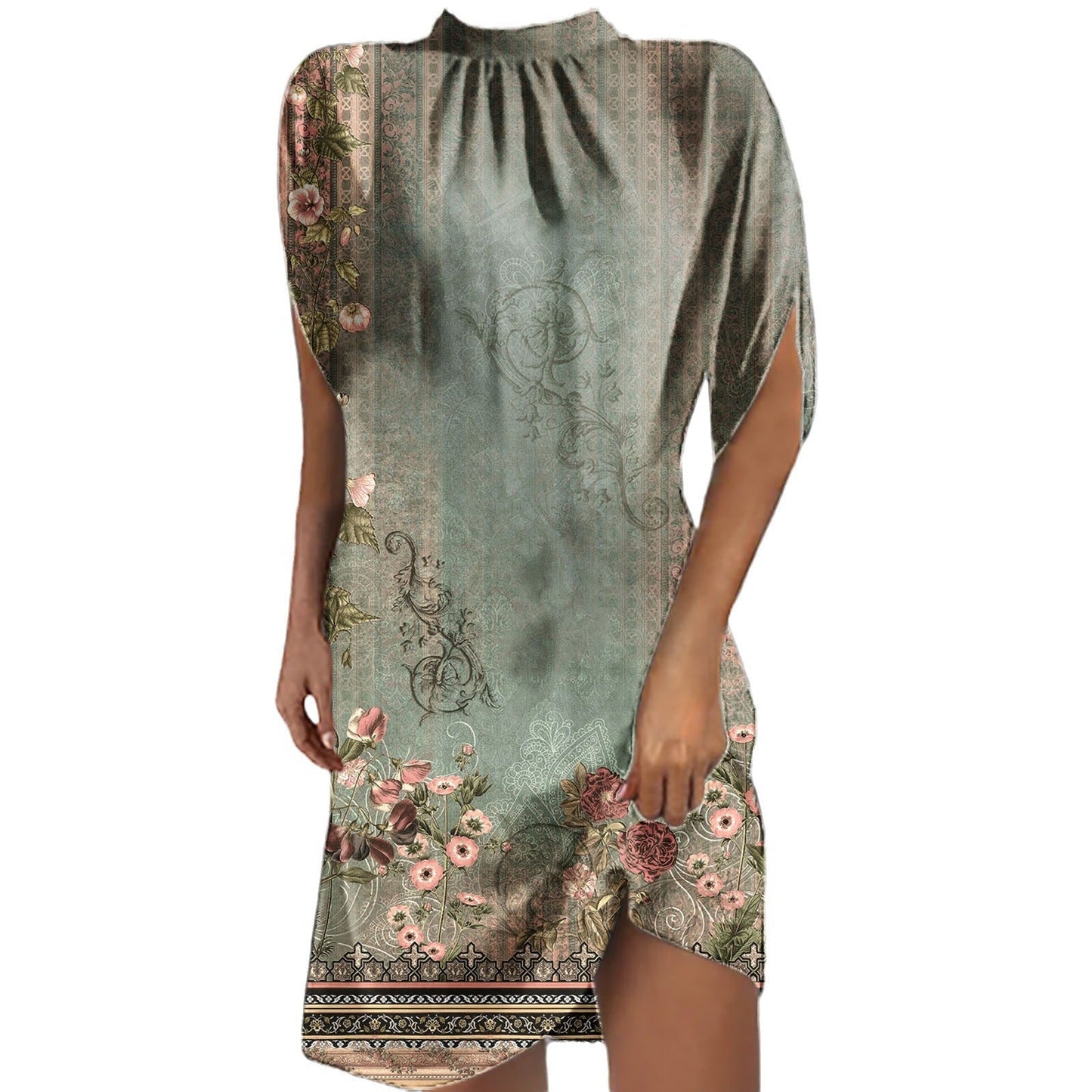 Fudus | Elegante Bedruckte Stehkragen Kurzarm Batwing Bluse