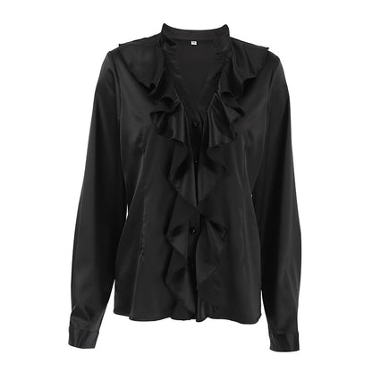 Fudus | Elegantes Damen Schwarz Satin Langarmhemd Mit Stehkragen