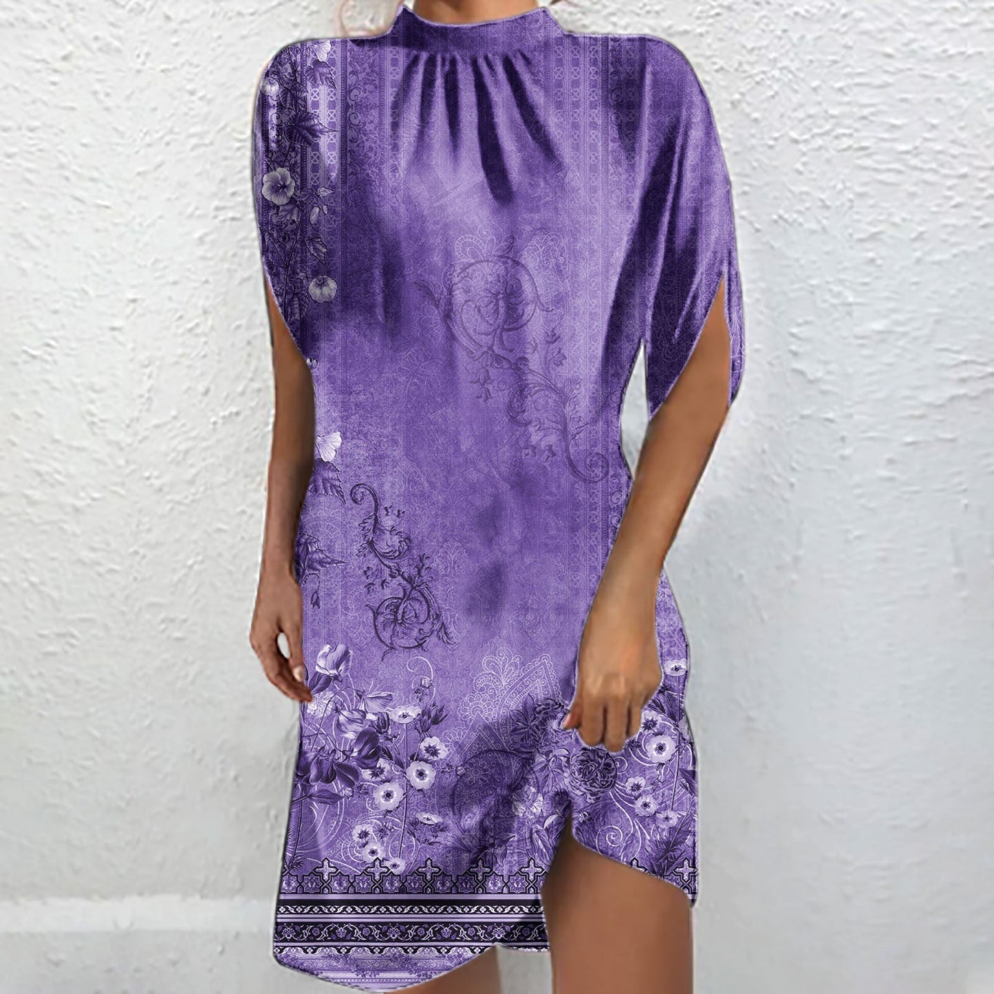 Fudus | Elegante Bedruckte Stehkragen Kurzarm Batwing Bluse