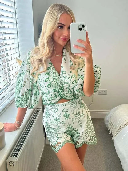 Fudus | Bestickte Bluse Und Shorts Zweiteiliges Sat