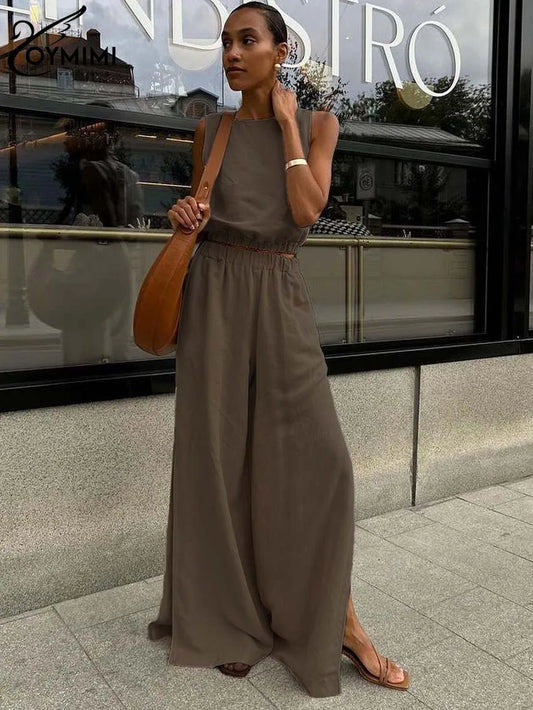 Fudus | Braunes Baumwoll-ärmelloses Crop Top Und Hohe Taille Schlitz Hose Sat